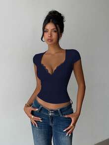 INAWLY Kaos Wanita Polos Model Sweetheart Neck dengan Hiasan Renda dan Lengan Pendek, Potongan Pas Badan, Seksi - Royal Blue - View 5