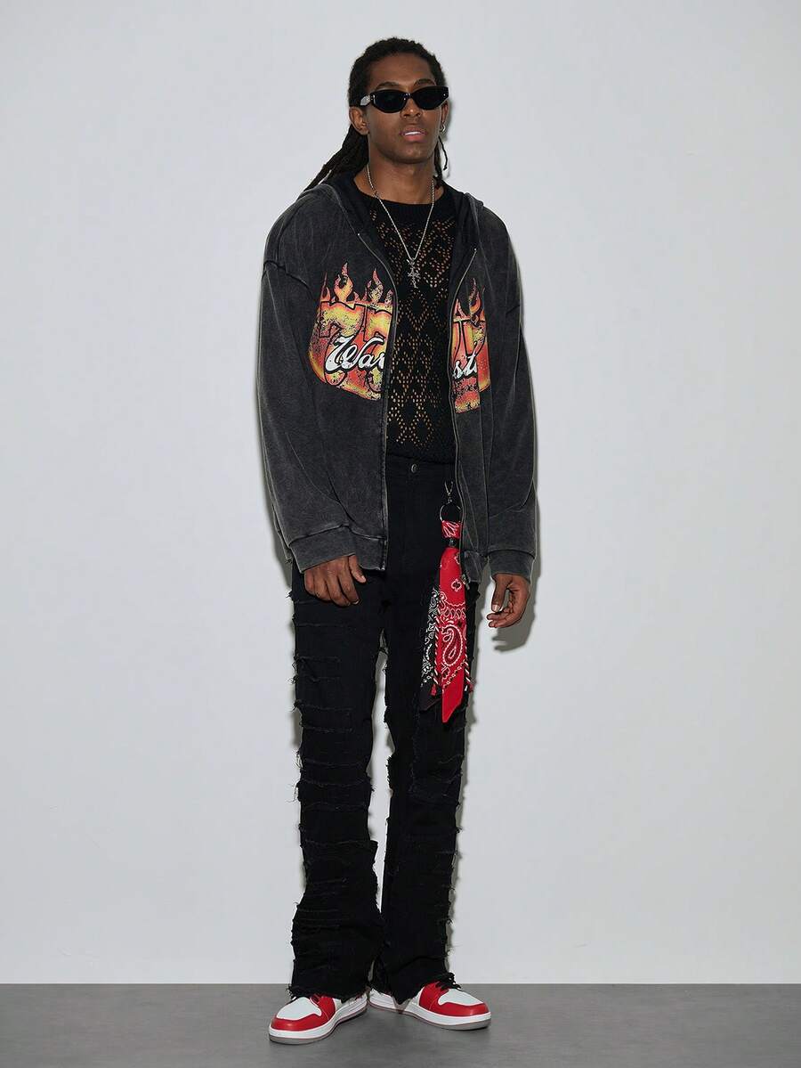 Modcrash Jeans ajustados con parches elásticos, estilo de gato con bigotes, desgastados, con vuelo, estilo emo para primavera a verano - Negro - Ver 1