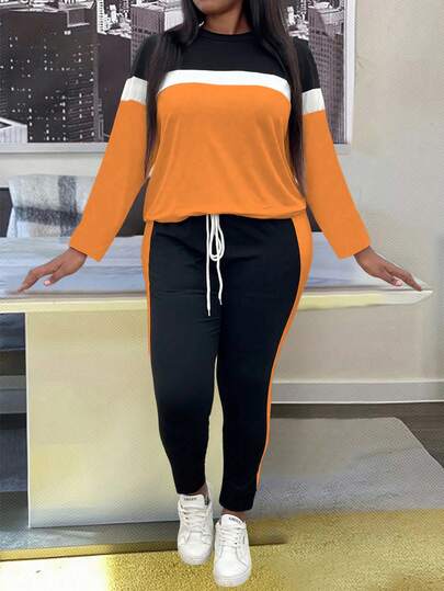 EMERY ROSE Conjunto de 2 piezas de talla grande con bloqueo de color, cuello redondo y manga larga, de estilo minimalista y casual