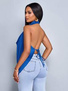 SOLERSUN 春夏女装休闲度假杏色亮面面料深V领挂脖吊带摆领弧形下摆露背吊带梭织面料背心 - 寶藍色 - 查看 2