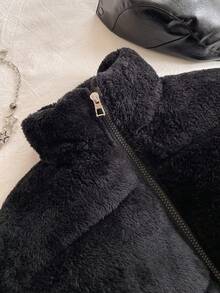 Tween Girl 纯色蓬松厚腰抽绳连帽夹克，防尘，时尚街头服饰，适合户外活动和日常穿着，Y2K 冬季酷白色棉服 - 黑色 - 查看 3