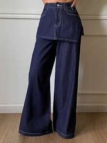 DAZY 2pcs Western Cowgirl Loose Wide Leg Pants & Skirt Set, Casual Street Style For Women, Autumn/Winter Women Jeans - Blue - View 5