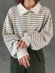 FRIFUL 女式休闲纽扣条纹宽松T恤长袖上衣 - 米色 - 查看 7