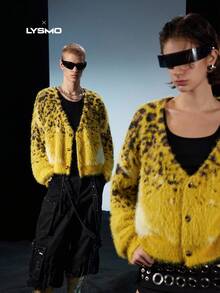 NEON BLANC 男士豹纹单排扣针织开衫，秋冬款，情侣装 - 黃色 - 查看 4