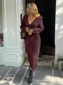 Livesso 女式V领灯笼袖长款针织毛衣裙，秋季 - 酒紅色 - 查看 4