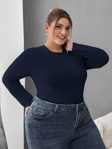 SHEIN CURVE+ 加大码女式纯色圆领休闲修身长袖 T 恤 3 件套装，适合春秋冬 - 彩色 - 查看 4