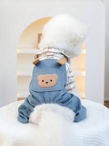 PETSIN 1 件宠物服装，可爱刺绣泰迪熊头连体衣，适合猫、狗和春秋季 - 藍色 - 查看 1