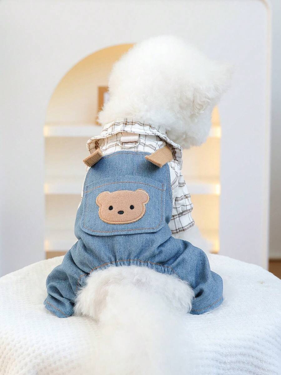 PETSIN 1 件宠物服装，可爱刺绣泰迪熊头连体衣，适合猫、狗和春秋季 - 藍色 - 查看 1