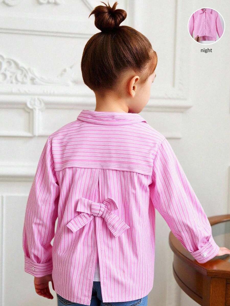 SHEIN 1 件女童翻领长袖纽扣条纹衬衫，正面绣有图案，秋季休闲上衣 - 粉色 - 查看 1