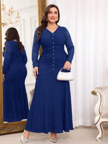 Modelyn Đầm dạ hội dài ren tương phản cổ chữ V cỡ lớn cho nữ, viền đuôi cá xếp nếp thanh lịch - Xanh đậm - Xem 5