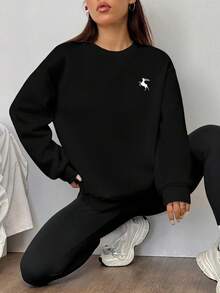 SHEIN EZwear 2 件鹿图案休闲宽松圆领运动衫和紧身打底裤套装，适合秋冬季 - 黑色 - 查看 4
