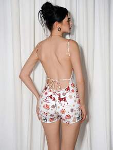 Sweetina Christmas Holiday Reindeer Print Tie Backless Unitard Romper - Multicolor - View 3