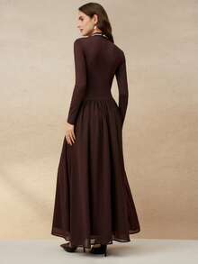 Cévolie 女式复古优雅咖啡棕色针织拼布雪纺 3D 花卉 A 字长袖连衣裙，春/秋 - 咖啡棕 - 查看 2