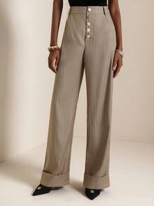 SHEIN Veneréa Fashionable & Versatile Metal Buckle Striped Wide Leg Pants - Khaki - View 6