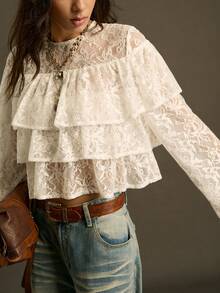 SoleilVie 女士秋冬多层蕾丝荷叶边衬衫、斗篷衬衫、仙女芯 - 白色 - 查看 2