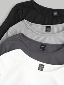 SHEIN EZwear 4pcs Women's Casual, Versatile, All-Match Solid Color Long Sleeve Tight Fit Knit T-Shirts, Suitable For Spring & Autumn Daily Wear Basics Tops Women 3 Packs Tops Tight Fitted Tops Long Sleeve Crop Tops Women Long Sleeve Tops,Fall,Fall Clothes For Women Women Long Sleeve Tops - Dark Grey - View 7