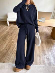 CovetEZ Damen Lässig Alltags Pendler einfache Einfarbige lose Pullover Sweater und Sweathose mit Kordelzug, Herbst/Winter - marineblau - Übersicht 4