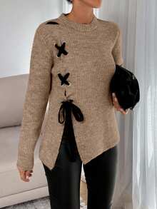 SHEIN Tall Tall Casual Contrast Color Cross Cord Placement Rib Knit Sweater With Slit - Beige - View 3