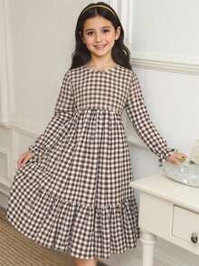 Vestido cómodo y holgado de cuello redondo a cuadros de manga larga y largo medio para niña preadolescente
