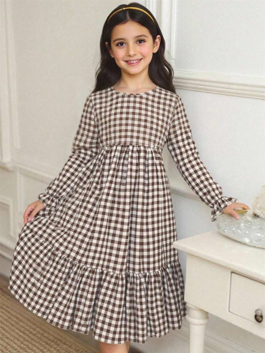 Vestido cómodo y holgado de cuello redondo a cuadros de manga larga y largo medio para niña preadolescente