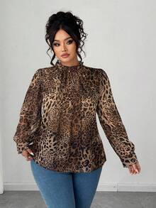 Elenzga Camicia plissettata asimmetrica con stampa leopardata per taglie forti, elegante per pendolarismo, raduni, adatta per il ritorno a scuola, laurea, San Valentino, festival musicali, festa della mamma, Ognissanti, Ringraziamento, Pasqua, festa nazionale, ballo di fine anno, appuntamenti, stagione di matrimoni, gite all'aperto