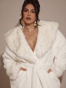 SHEIN BAE Chaqueta elegante y con textura suave para mujer de talla grande, para otoño/invierno - Beis - Ver 7