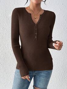 SHEIN Essnce Suéter con botones delanteros de media altura de punto acanalado, parte superior de manga larga para otoño/invierno - Café integral - Ver 3