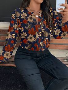 EMERY ROSE Áo sơ mi tay dài in hoa phong cách cổ điển cỡ lớn - Màu xanh hải quân - Xem 6