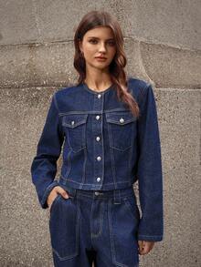 Selenza 女式时尚优雅圆领前开式休闲牛仔长袖上衣 - 深色水洗藍 - 查看 5