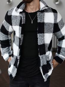 Manfinity Homme Men's Loose Fit Plaid Fleece Long Sleeve Single Breasted Casual Jacket, Autumn Winter,Men Flannel,Winter Men Jacket Men Knitted Button Up Men Shacket Men Flannels Black And White Jacket Plaid Jacket Men - Black - View 6