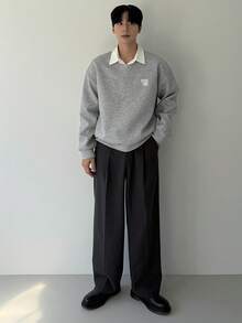 DAZY 男士 V 领字母印花设计麻灰色休闲套头衫，秋季通勤风格 - 灰色 - 查看 7