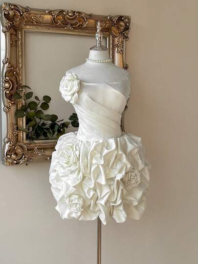 Lovelzi Elegant, Graceful, Romantic, Noble White Satin Sweetheart Waist Bubble Hem Dress, Suitable For Bachelorette Party, Wedding, Graduation, Vacation, Bridal Shower