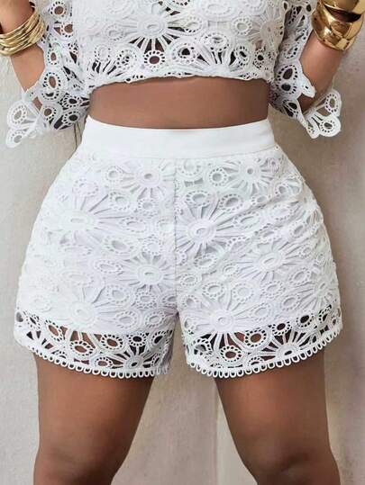 Maweii Pantalones cortos minimalistas de unicolor y calados para tallas grandes