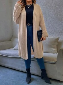 EMERY ROSE 大码女式绿色纯色针织开衫，露肩长袖宽松休闲，适合春秋冬 - 卡其色 - 查看 6