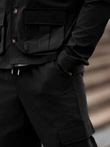 Manfinity Homme Men's Casual Solid Color Long Sleeve Utility Shirt & Pants Set, Fall Clothes - Black - View 8