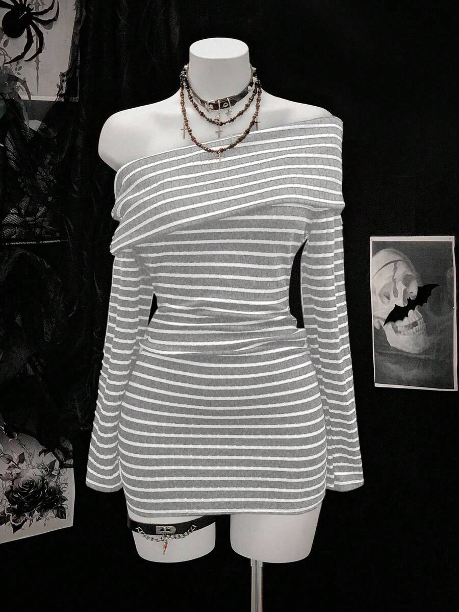 EgrlEra Women's Fashionable Black And Gray Striped Long Sleeve Dress - Multicolor - View 1