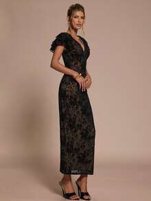 SHEIN BAE Damen Einfarbiges Kleid mit Spitzen-Patchwork V-Ausschnitt und Puffärmeln - Schwarz - Übersicht 4