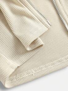 SHEIN Girlism Tween Girls Solid Apricot Ribbed Knit Zip-Up Hooded Waist Long Sleeve Casual Outwear Jacket Sweatshirts Autumn Winter Clothes For Girl - Apricot - View 5