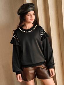 SHEIN Girls' Beaded Sweatshirt With Ruffle Trim Design, Versatile For Indoor And Outdoor Wear, Suitable For Autumn/Winter - Black - View 5