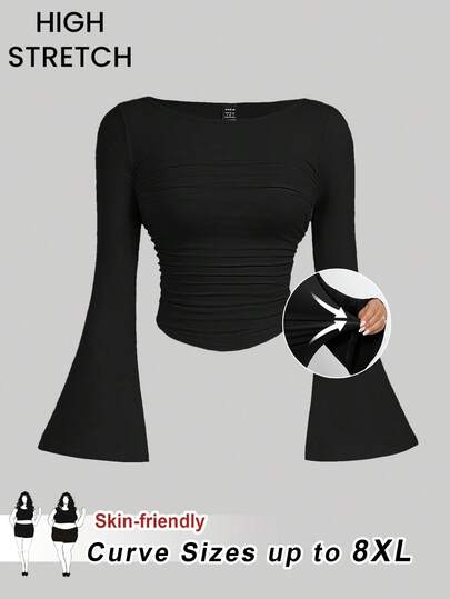 SHEIN CURVE+ Plus-Size Women's Boat Neck Flare Sleeve Pleated Waist Side Versatile T-Shirt