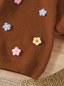 SHEIN Vintaside Kids Girls Handmade Flower Knitted Dress, Round Neck Long Lantern Sleeve Cute Elegant Pink Dress Girl S Spring And Autumn Dress Brown Sweater 4 Years Old Girls Girls Sweater Dress Kids Brown Dress Autumn And Winter Young Girls Dressse - Brown - View 6