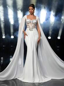 Glamrae Elegant White Elastic Knit Waist Boned Sheer Chiffon Extra Long Mesh Flare Sleeve Luxurious Handmade Rhinestone Fishtail Extra Long Trailing Adjustable Tie Suitable For Wedding Events Bridal Gown - White - View 4