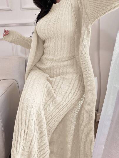 Feyla Set de 2 piezas de vestido sin mangas de unicolor con cuello alto y cárdigan de manga larga, elegante para mujer en otoño/invierno