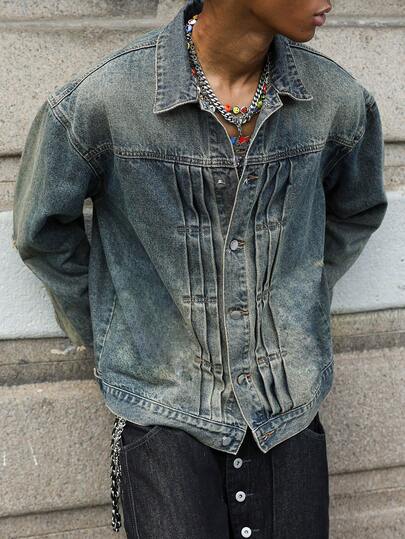 PAVTROS Men's Retro Drop Shoulder Long Sleeve Casual Front Button Denim Loose Vintage Jacket OVERSIZE Thick Vintage Washed Couple Blue Street Rave Chore Jacket For Boyfriend & Husband