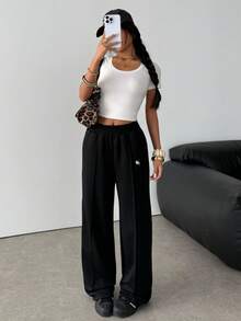 SHEIN Teen Girl Embroidered Loose Fit Casual Long Sweatpants Pants Cute Black Baggy Pants Black Sweat Pants Black Sweatpants Loose Pants - Black - View 2