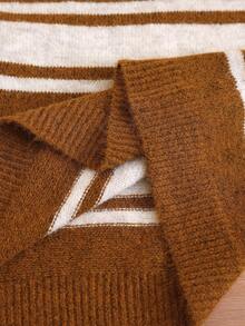 Louniche 女士撞色V领条纹宽松休闲毛衣 - 棕色 - 查看 8