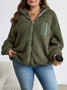 SHEIN CURVE+ Chaqueta de forro polar informal de talla grande, versátil para otoño/invierno - Verde militar - Ver 4