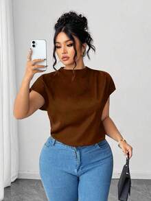SHEIN LUNE Plus Size Women's Elegant Black Poplin Solid Color Shirt, Spring/Summer - Coffee Brown - View 1