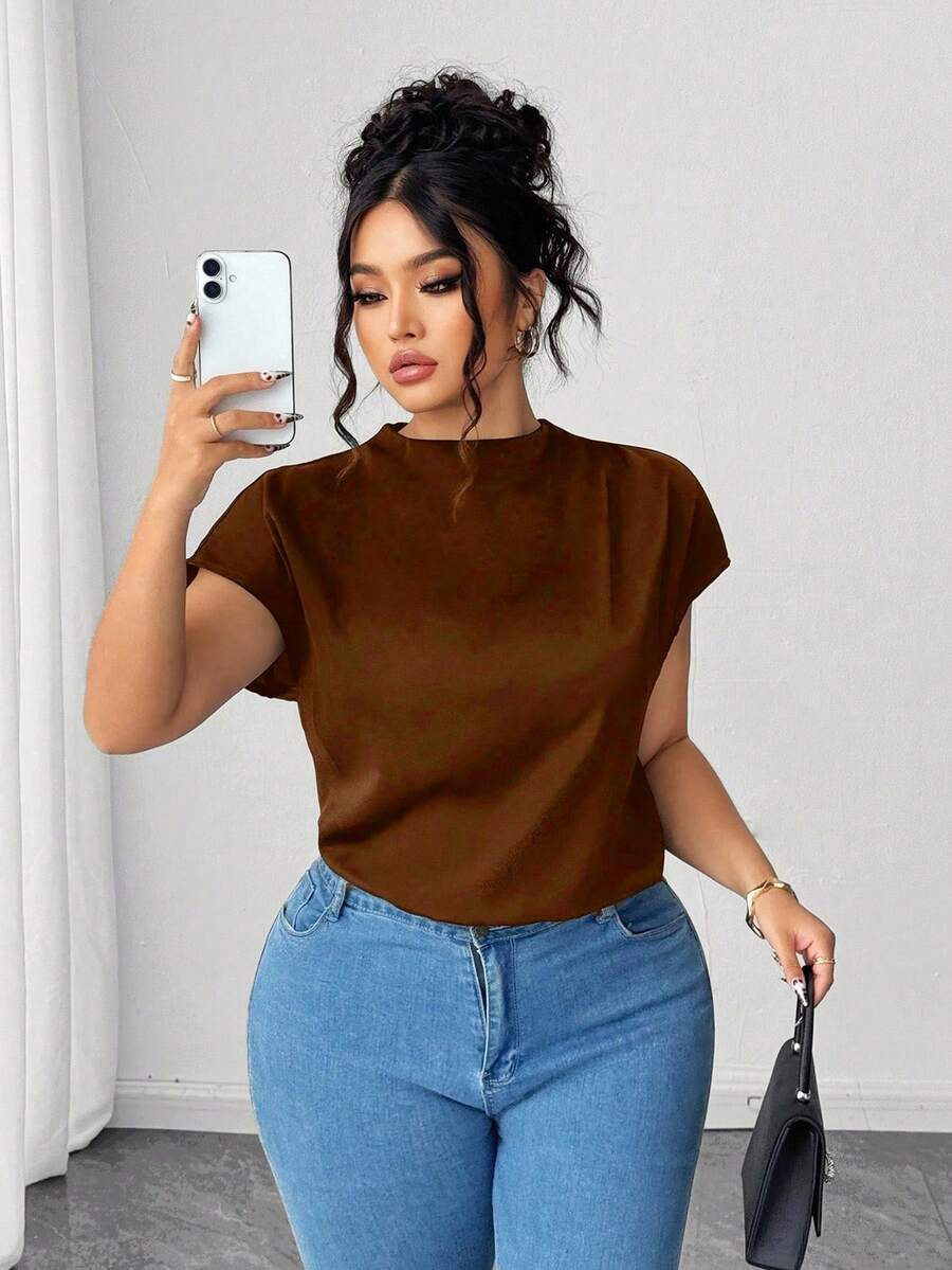 SHEIN LUNE Plus Size Women's Elegant Black Poplin Solid Color Shirt, Spring/Summer - Coffee Brown - View 1