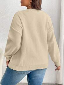 EMERY ROSE Plus Size Women Casual Everyday Commute Simple Solid Color Dropped Shoulder Loose Cable Knit Pullover Sweater, Autumn/Winter - Apricot - View 2